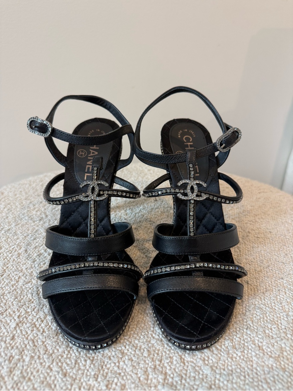 CHANEL 38 Black Crystal Strappy Sandals Heels